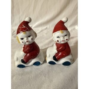 Christmas Elf Pixie Vintage Mid-Century Ceramic Sitting On Car Japan Set Of 2